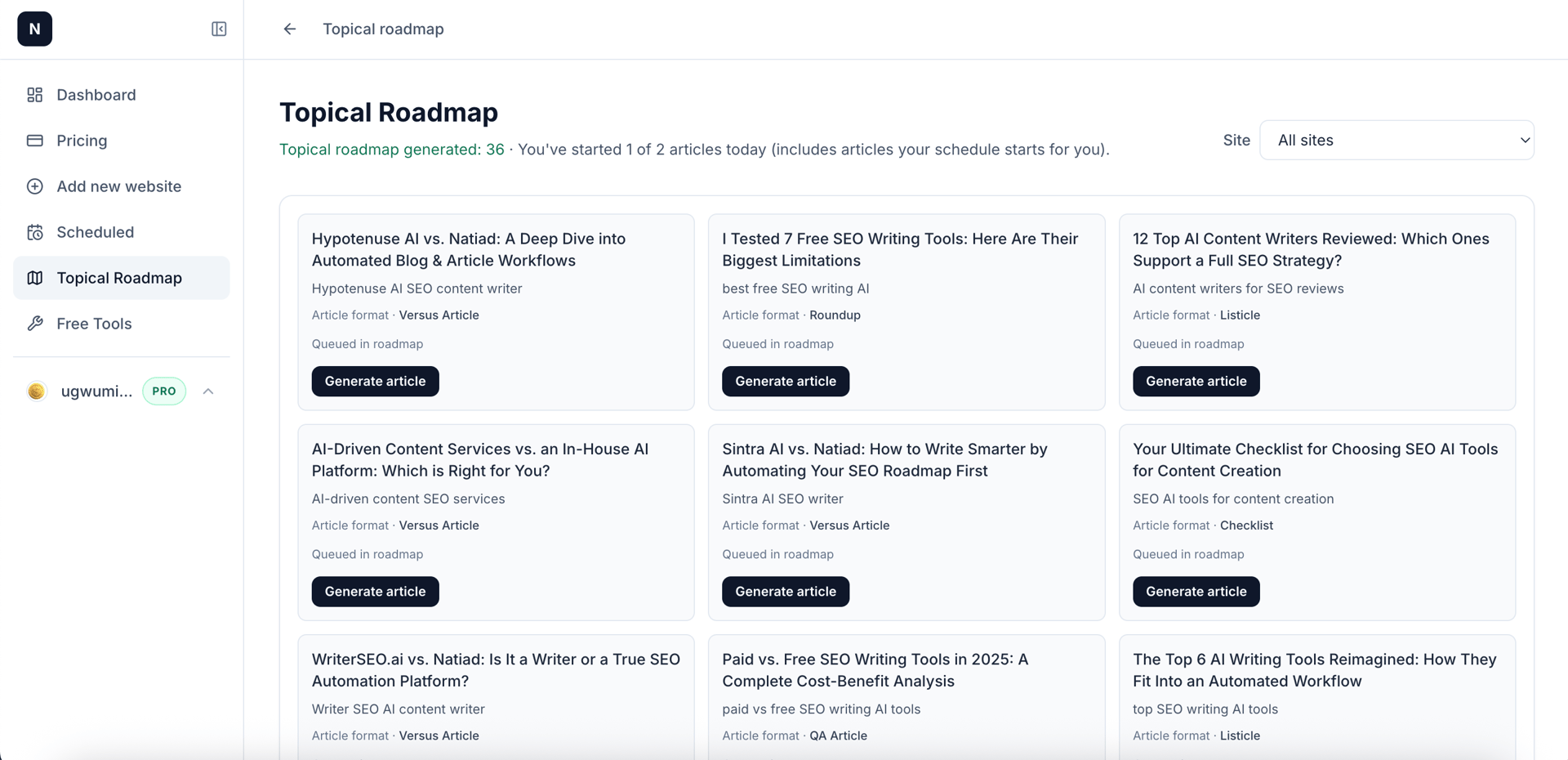 Natiad topical roadmap with prioritized article topics ready to generate