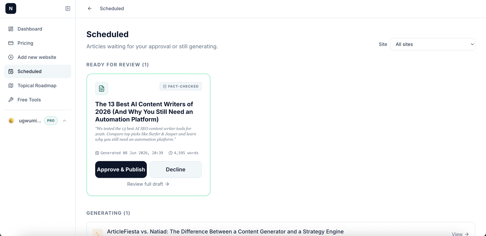 Natiad dashboard showing scheduled SEO articles ready for review and generation