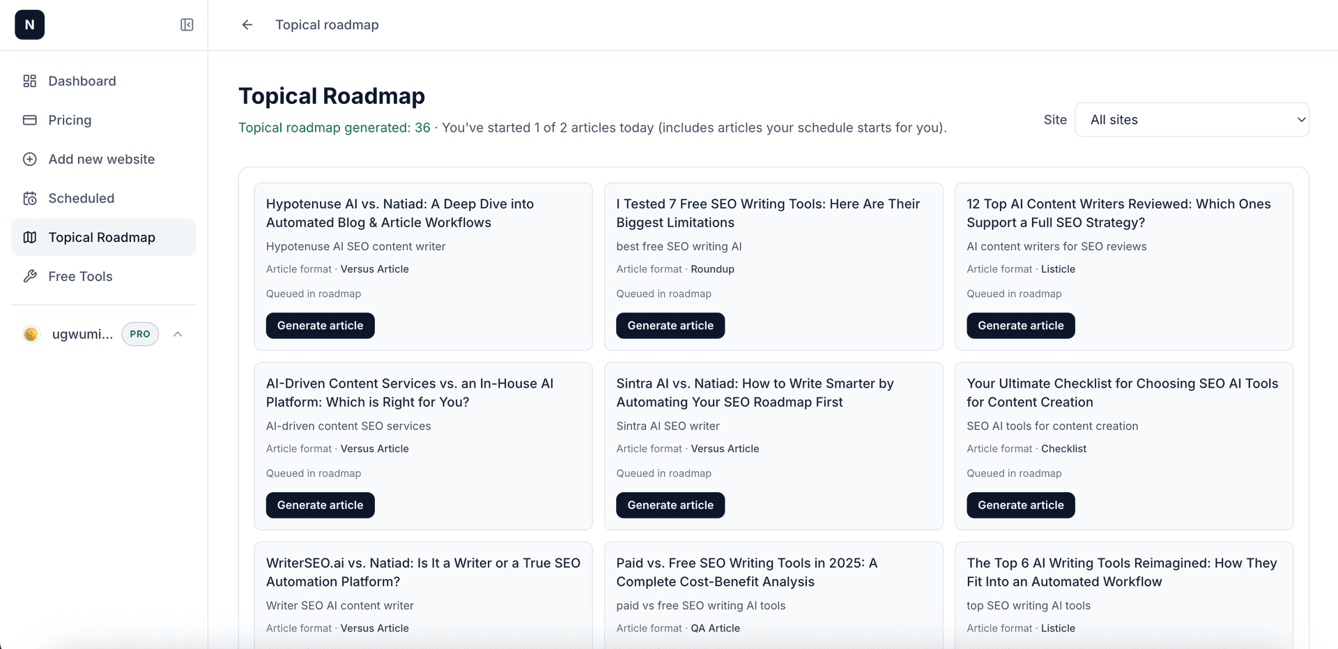 Natiad topical roadmap with prioritized article topics ready to generate